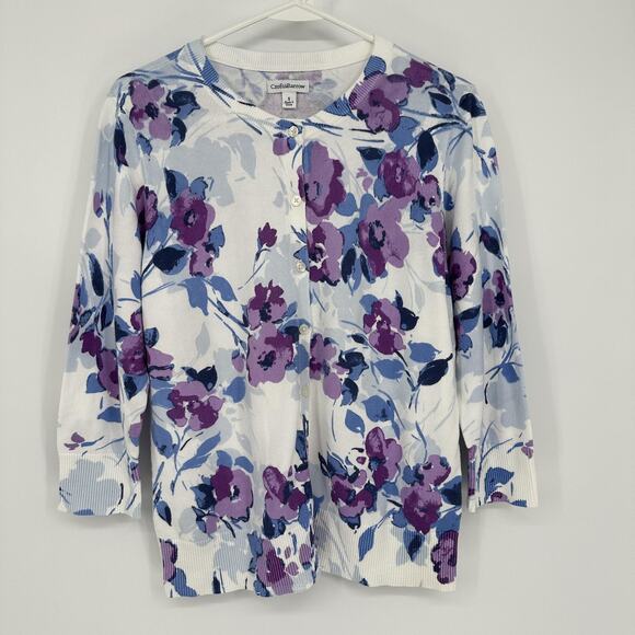 Croft & Barrow Sweater Womens Small Floral Cardigan 3/4 Sleeve Pullover Casual - Picture 1 of 9